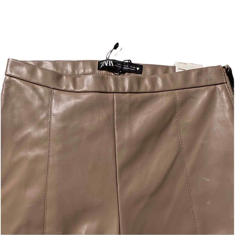 ZARA Tan Faux Leather Leggings Vegan Skinny Pants Hi-Rise Ankle Slit Women’s S - Picture 4 of 16